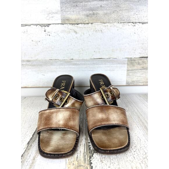 Prada womens 6 vintage block heel buckle sandals brown italy 2000 leather - Picture 3 of 8